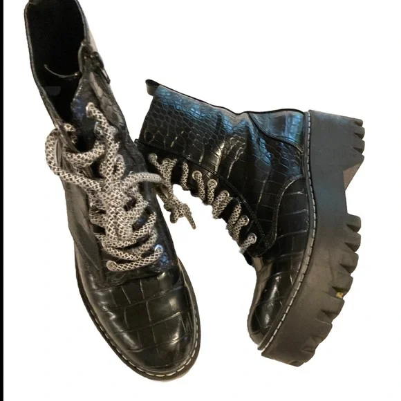 Zara black Faux leather imprint combat boots size 37 - Picture 1 of 6